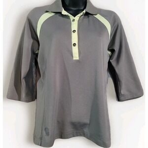 Kate Lord Short Slv Golf Polo Sz S Gray/Yellow Rhinestone Buttons Moisture Wick